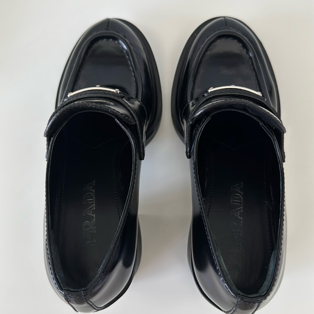 Prada Women's Chocolate Brushed Leather Heeled loafers size 36.5 - Picture 6 of 16
